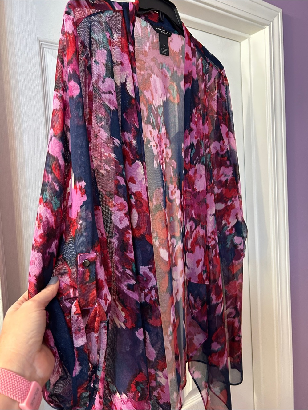 Investments Pink Multi Floral Sheer Open-Front Cardigan - Picture 3 of 3